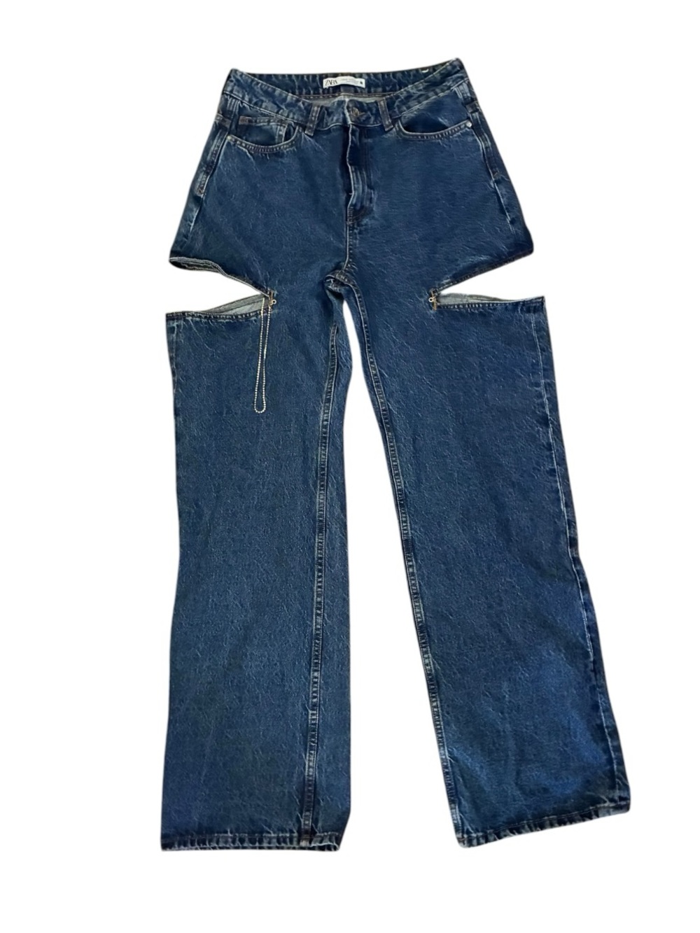 Zara Straight Leg Cutout Jeans Zipper Thigh Detail Blue 8